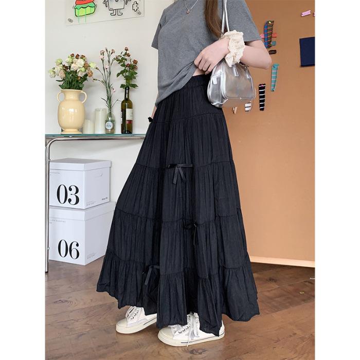

[Original practice] Summer white skirt women s high waist retro loose bow temperament medium and long cake XL чорний