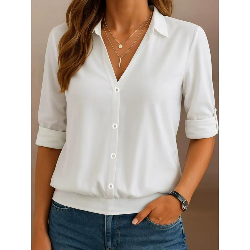 Summer Shirt New Women Casual Button Tops V-Neck Solid Color Blouse