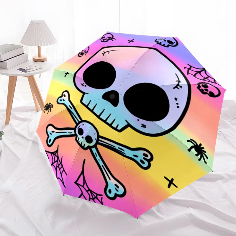 1 PC Automatic Folding Umbrella - Colorful Skulls Pattern, Portable & Foldable Design with 8 Ribs, Christmas Birthday Gifts