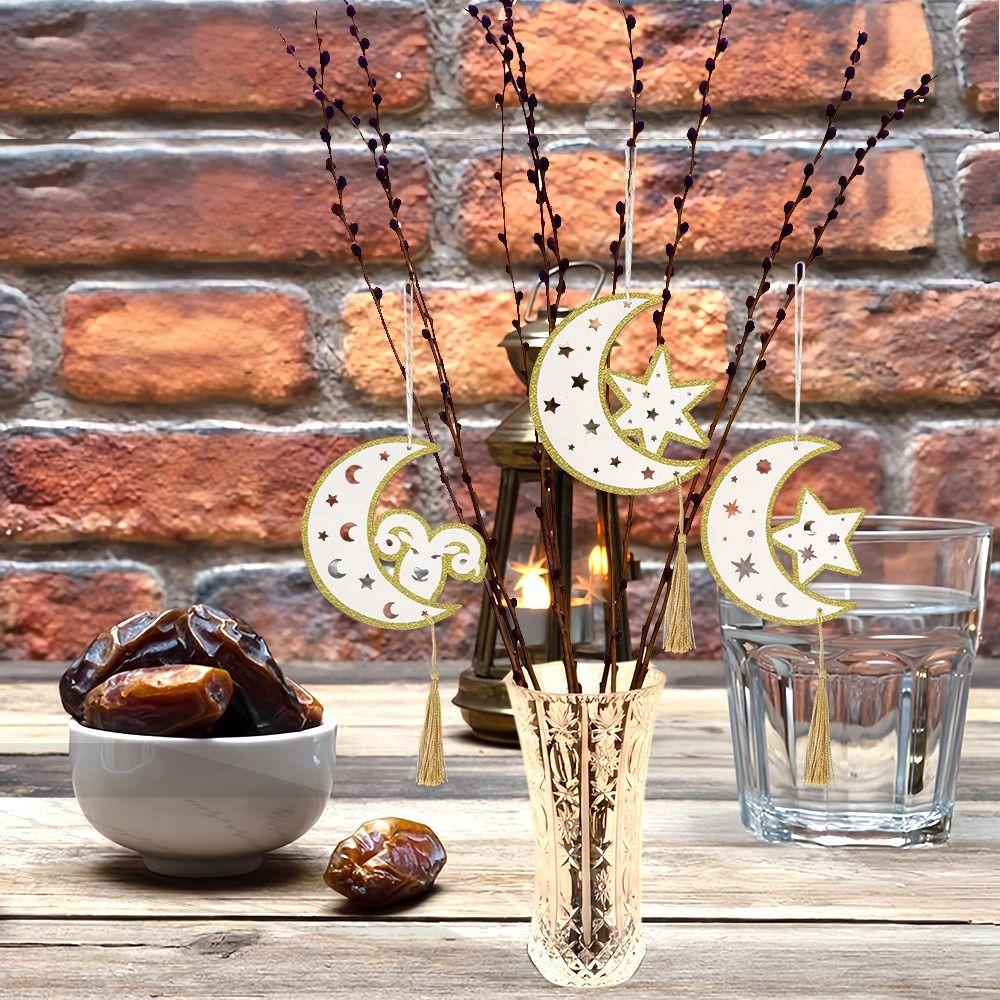 5 Stück Kreatives Eid Türschild Hohl Einfaches Eid Mondornament Holzhandwerk Mond- und Sternenform Holz-Hängeschilder