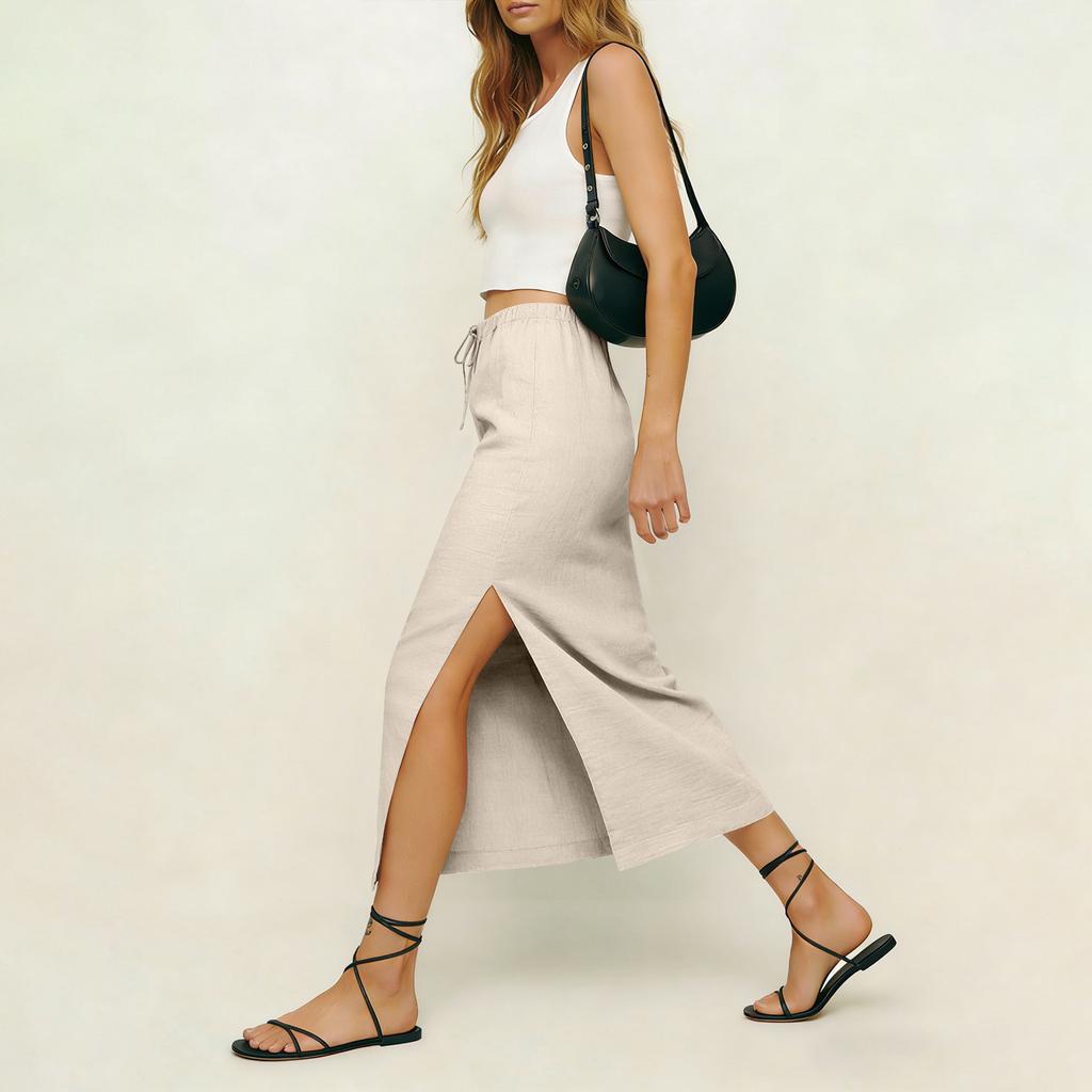 Women Casual Cotton Linen Midi Skirt with Side Slit Drawstring Waistband Simple Solid Style Suitable for Daily Wear