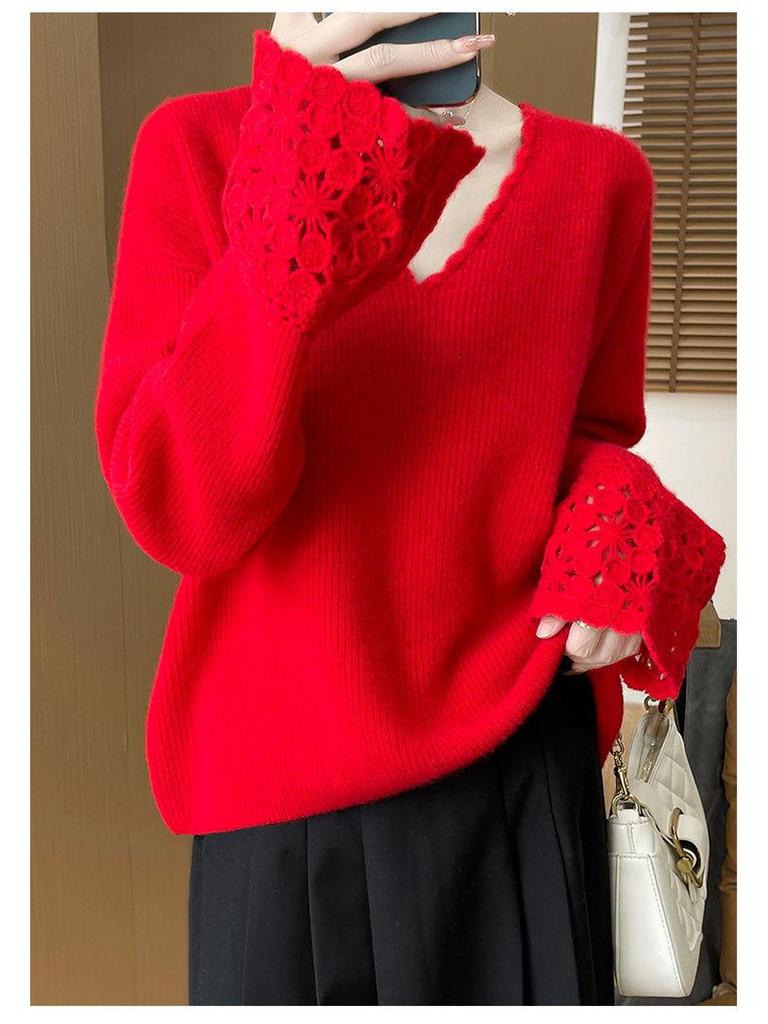 Women's 100% Pure Wool V-Neck Lace Long Sleeve Loose Sweater - Autumn/Winter 2025 Collection