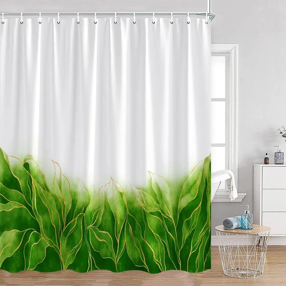 Simple Style Flower and Leaf Shower Curtain Golden Line Abstract Bathroom Decoration Modern Polyester Fabric Shower Curtain