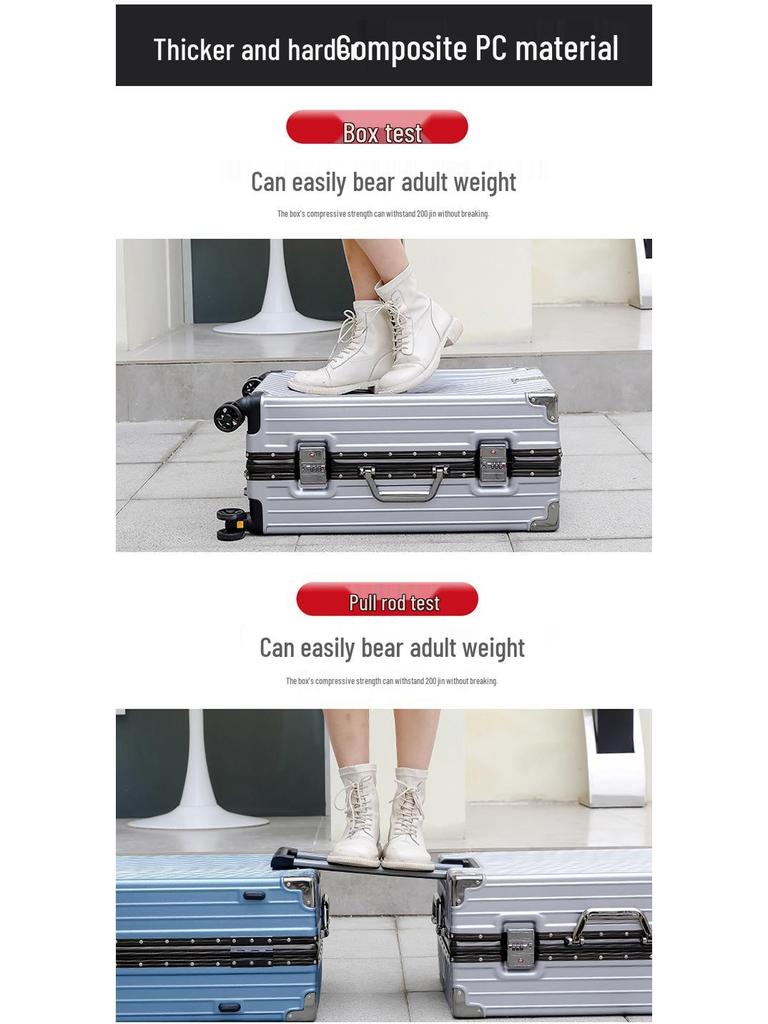 Large Capacity Aluminum Frame Travel Suitcase with Combination Lock, Trolley Wheels, and Durable Design for Men and Women.