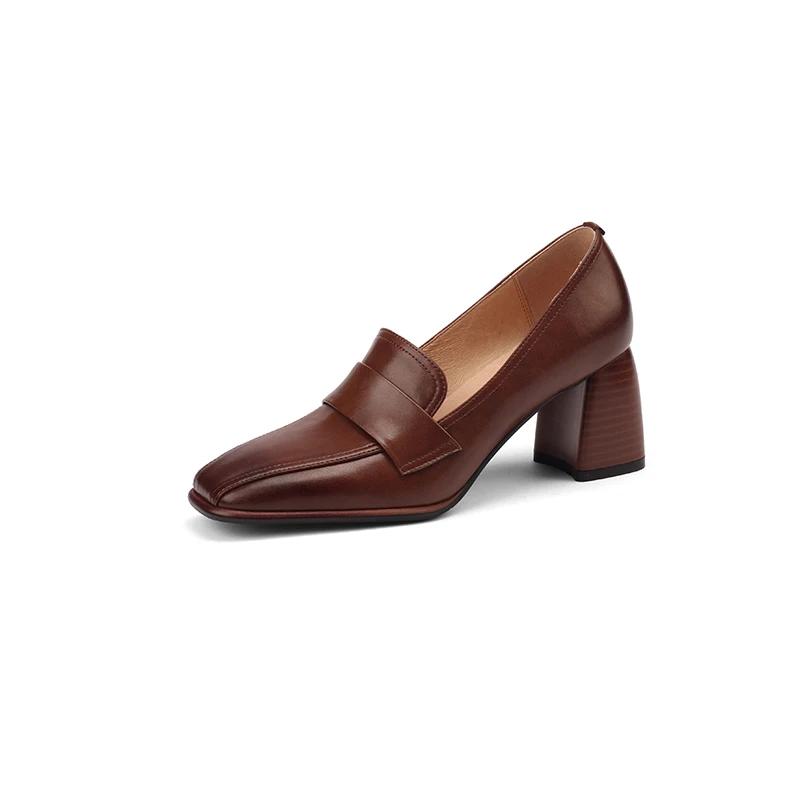 Fashion 2025 Spring New GENUINE LEATHER Women Shoes LEISURE Women Slip-On Shallow Pumps Square Toe Heels Shoes Women Zapatos De Mujer