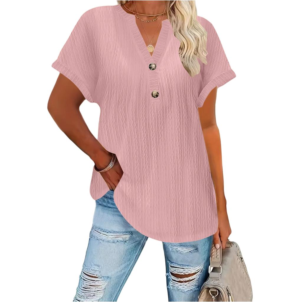 Women's Fashion Casual Button-Up V Neck T Shirt Pullover Short Sleeve Top