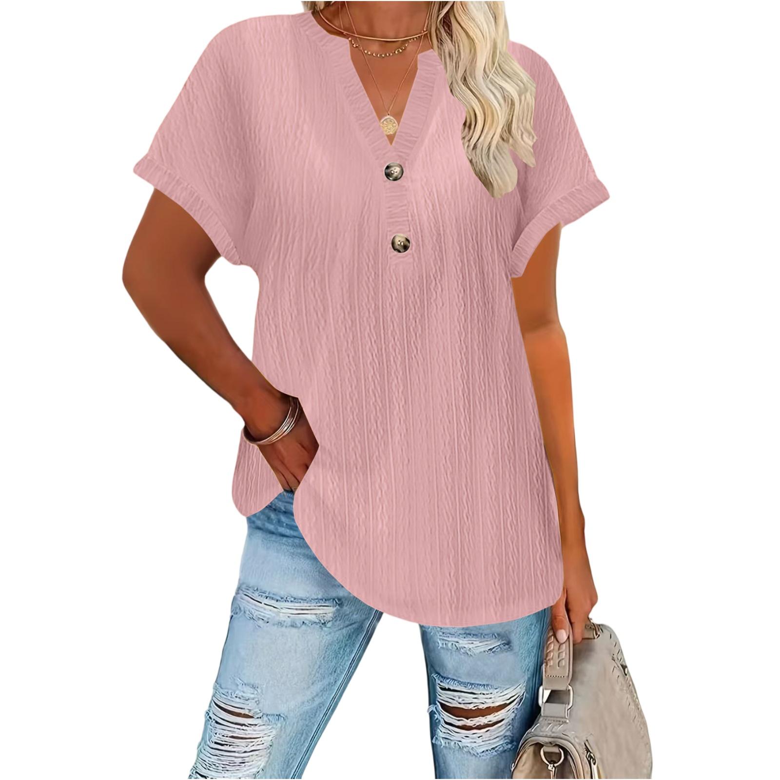 Women s Fashion Casual Button-Up V Neck T Shirt Pullover Short Sleeve Top XXXL розовый