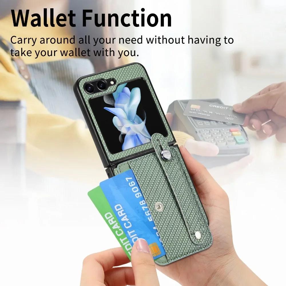 Wallet Case With Card Holder & Wrist Strap for Samsung Galaxy Z Flip 6 5 4 3 2 Flip6 Flip5 Flip4 Flip3 Flip2 5G PU Leather Cover