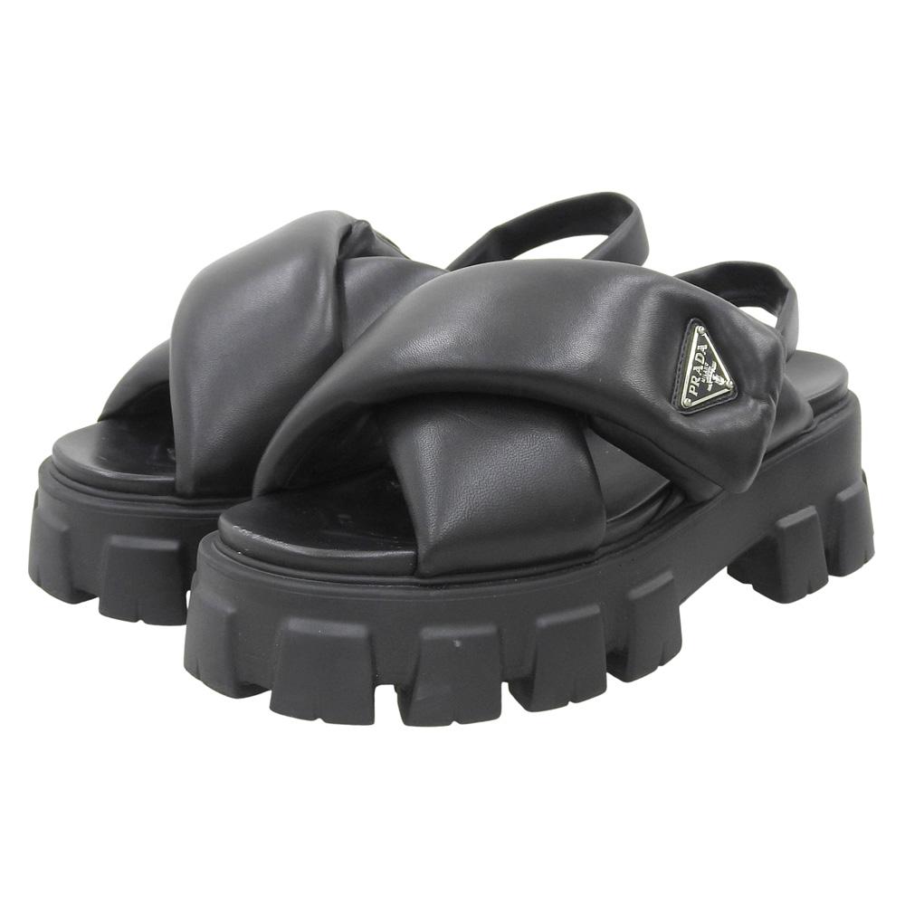 PRADA 1X123N Monolith Padded Nappa Leather Sandals, Women's, Black, Size 39 1/2 shoes 39 1/2 blackUsed