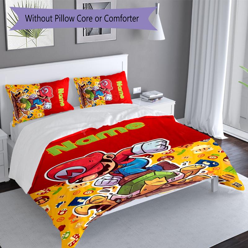 3pcs Custom Name Super Mario Bedding Set,Includes 1 Duvet Cover and 2 Pillowcases,All-season Bedroom Decor