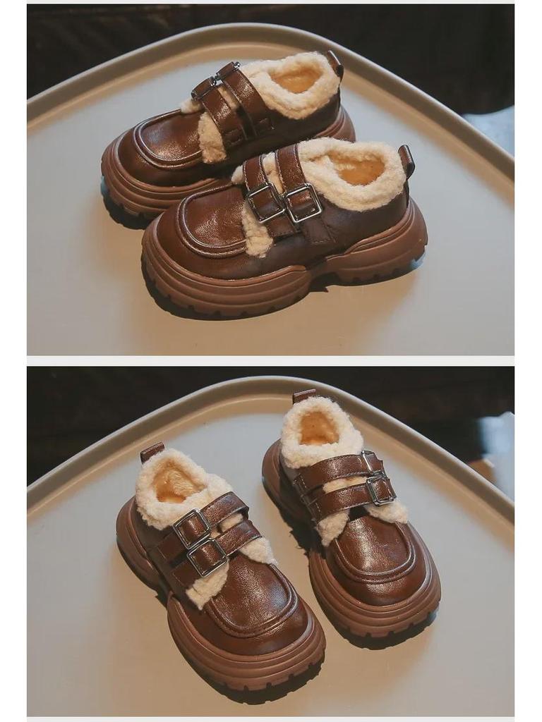 Zimní 2024 Trendy dětské kožené boty: Teplé, s tlustou podrážkou, s plusovým sametem, bavlněná špička pro chlapce a dívky