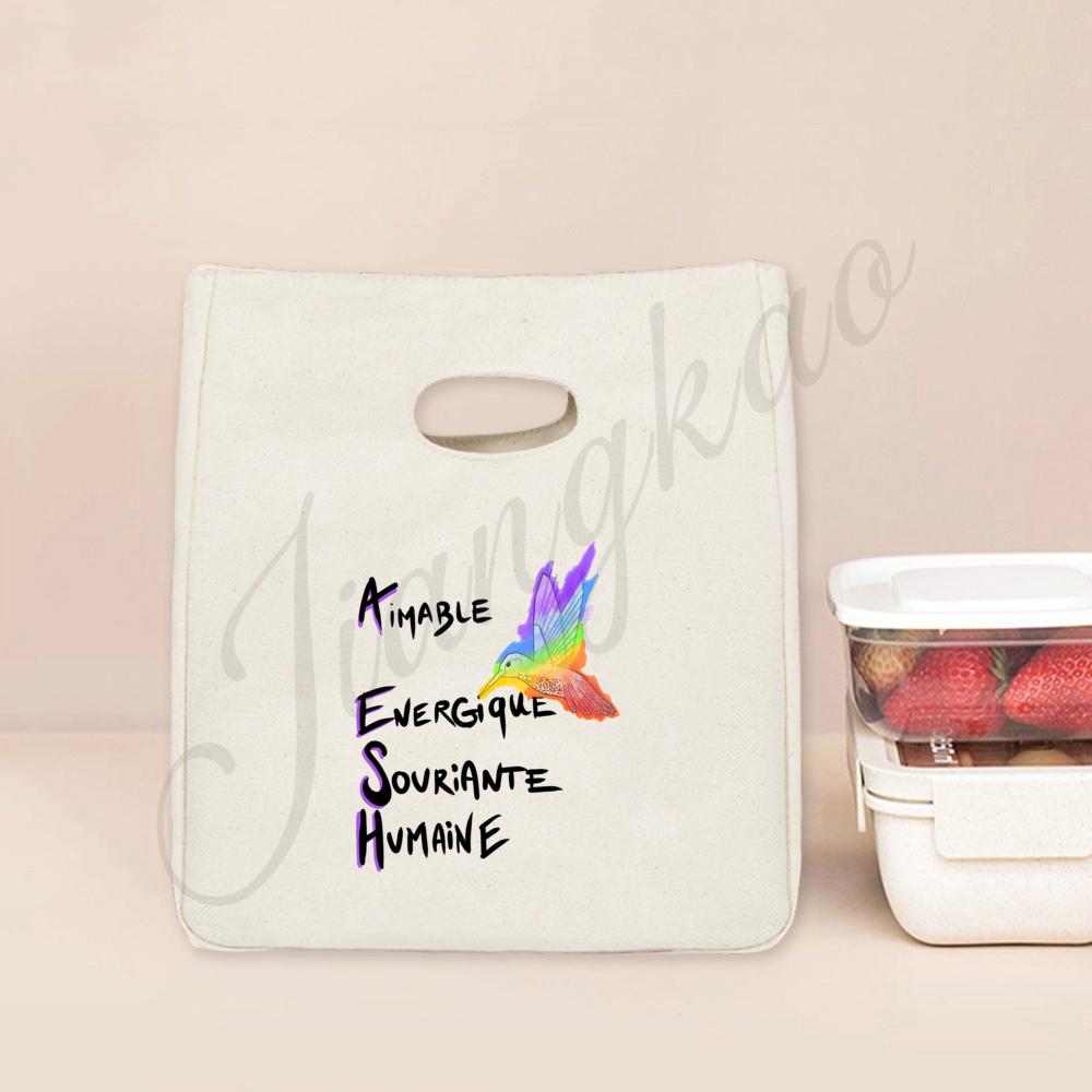 Merci Aesh Print Cooler Bags Lunch Bag Portable Insulated Canvas Thermal School Foods Storage Pouch Gradust Thanks Gift for Aesh