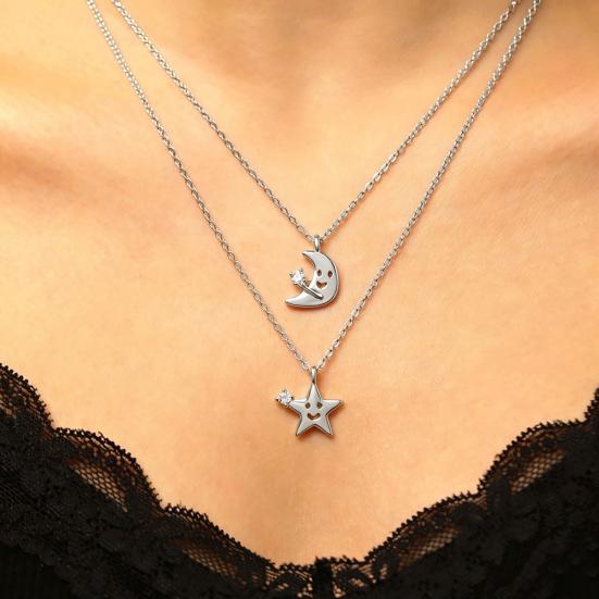 Smiling Star Moon Necklace Rhinestone Star Pendant Necklace Cute Moon Necklace for Women Daily Wear Dating