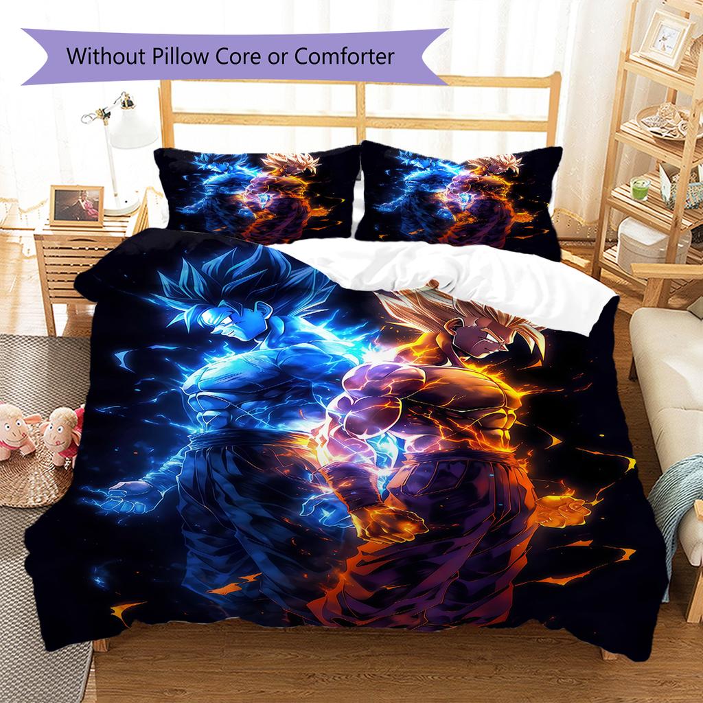 Ropa de cama con estampado de Son Goku, Juego de colcha, Funda de colcha, Funda de almohada, Regalo de cumpleaños para el hogar (1 * funda nórdica + 2 * fundas de almohada, sin núcleo)