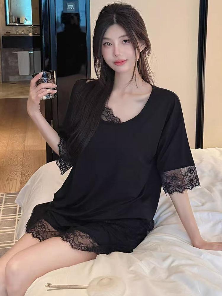 

Modal pajamas women s lace with chest pad summer short-sleeved shorts cool cotton new suit loungewear XXL