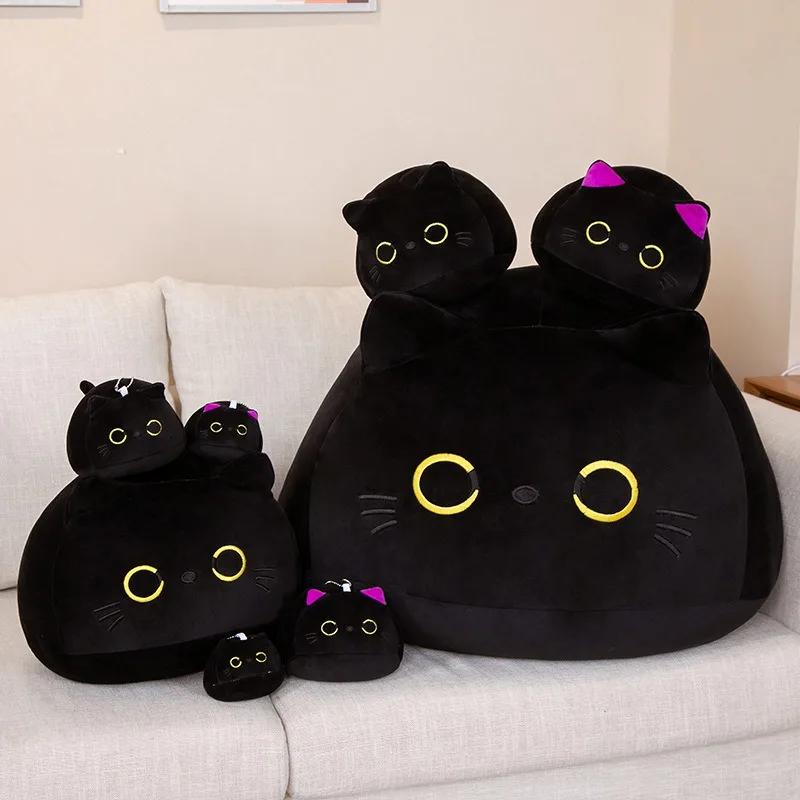 10/15/25CM Kawaii Cuddly Black Cat Plush Doll Cartoon Stuffed Round Ball Cat Plushie Girl's Bag Keychain Pendant Toys Ornaments