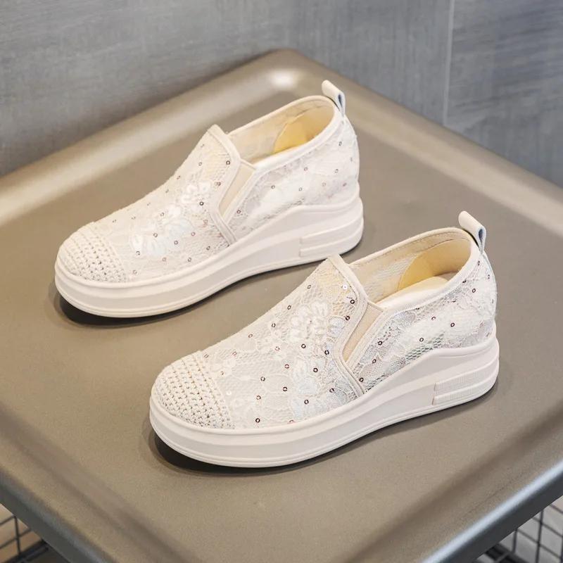 Summer Shoes Women Fashion Sneakers Breathable Mesh Shoes Flat Platform Height Increasing 7cm Brand Black Shoes