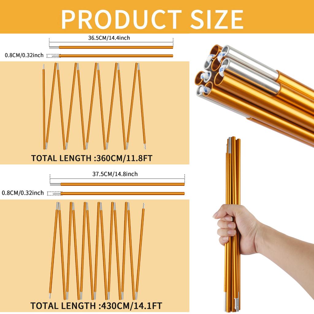 1pc/2pc Aluminum Alloy Tent Pole 4.3M/3.6M Camping Support Poles Replacement Accessories for Hiking Awning Shelter Frames Rods