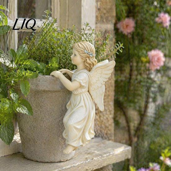 Weather Resistant Garden Art Vintage Angel Girl Statue, Planter Climber Cute Pastoral Gardening Accessories Resin Figurine for Flower Pot Edge