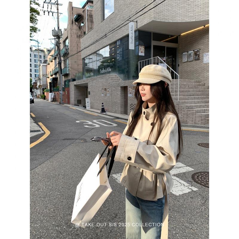 

Holiday early autumn Korean short trench coat women s British style stand-up collar waist jacket L