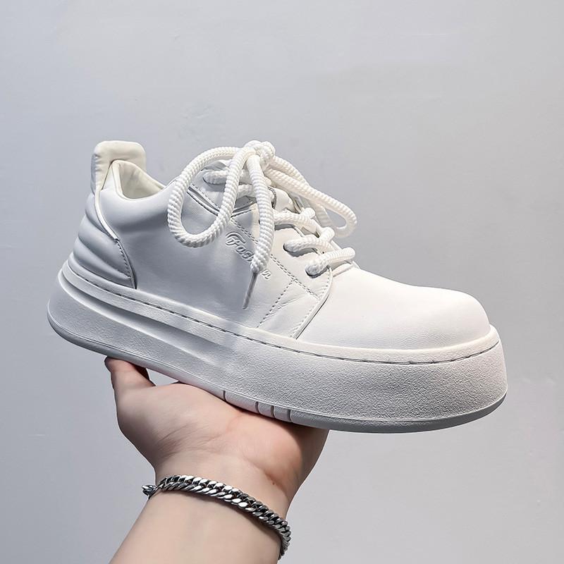 Korean style mens casual flats platform shoes lace-up genuine leather oxfords shoe black white stylish sneakers youth footwear