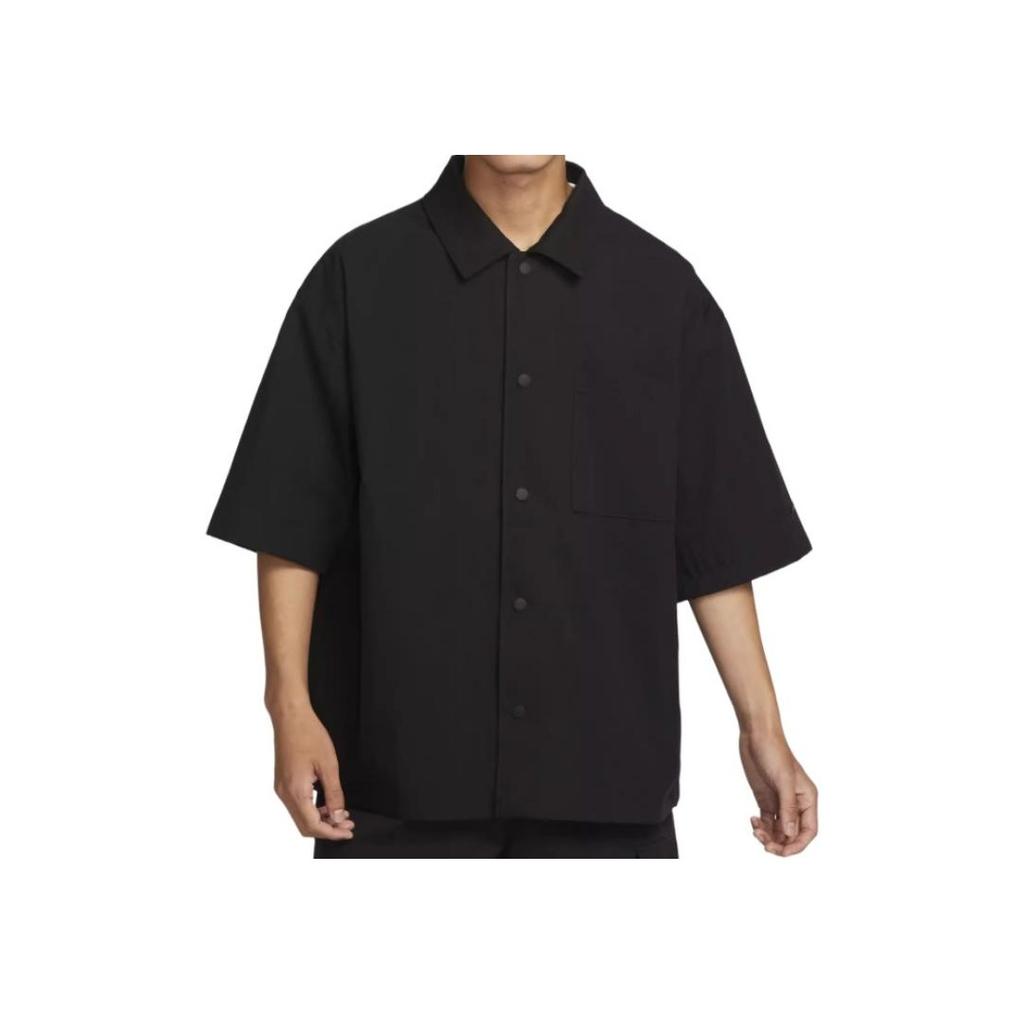 Nike SS24 Solid Color Sports Casual Button Design Brand Logo Oversized Short Sleeve Shirt Men Shirts Black FN3250-010