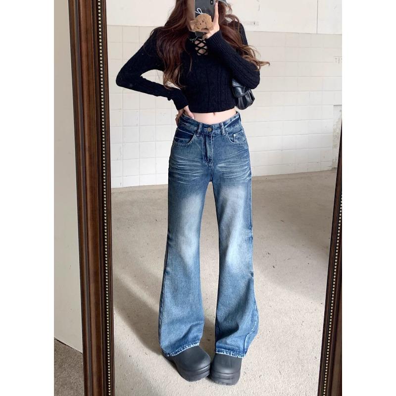 Womens High Waist Vintage Wash Flare Jeans Y2K Low Rise Bootcut Denim Trousers Streetwear