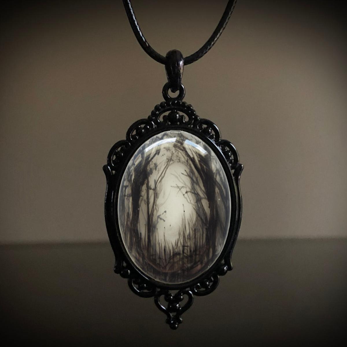 

Gothic Dark Geometric Oval Crow Forest Death Bat Pendant Black Leather Rope Necklace for Women Hallowmas Charm Jewelry Gifts