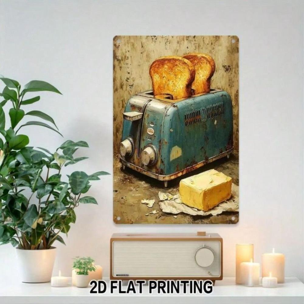 Vintage Metal Tin Sign for Kitchen Wall Decor Retro Toaster Breakfast Plate Aluminum Poster