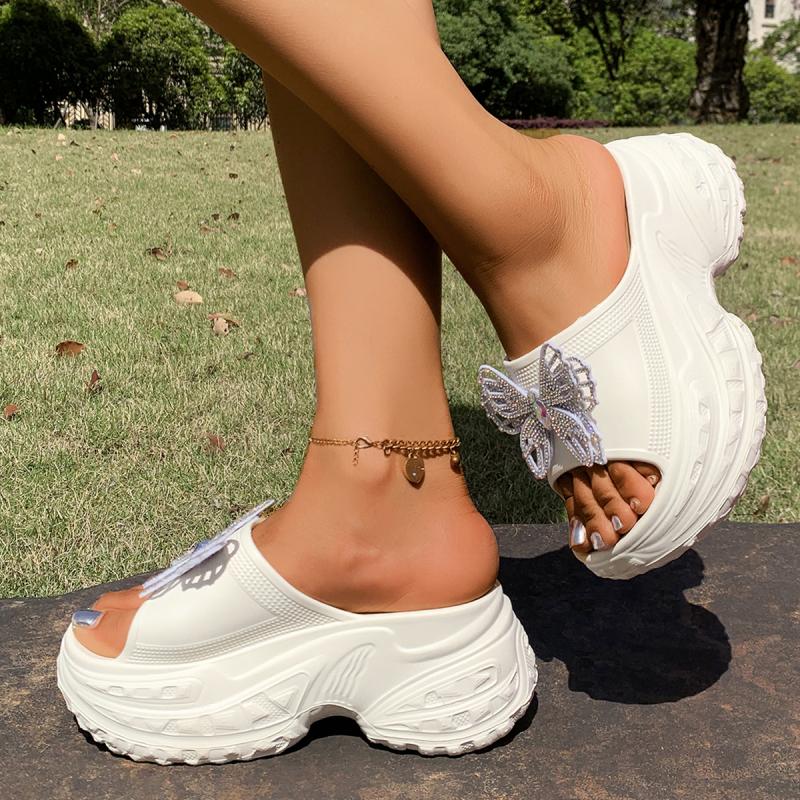 Fashion Glitter Butterfly Decoration Chunky Platform Eva Slippers Women Wedge High Heel Slides Women Thick Bottom Soft Cloud Slippers