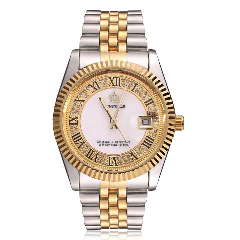 Original New REGINALD Quartz Watch Men 18k Yellow Gold Fluted Bezel Pearl Diamond Dial Full Stainless Steel Luminous Clock