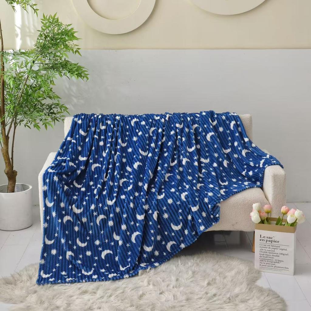 Ruffled Star and Moon Striped Blanket, Nap Blanket, Flannel Throw, All-Season Fleece Blanket, Air-Conditioning Blanket