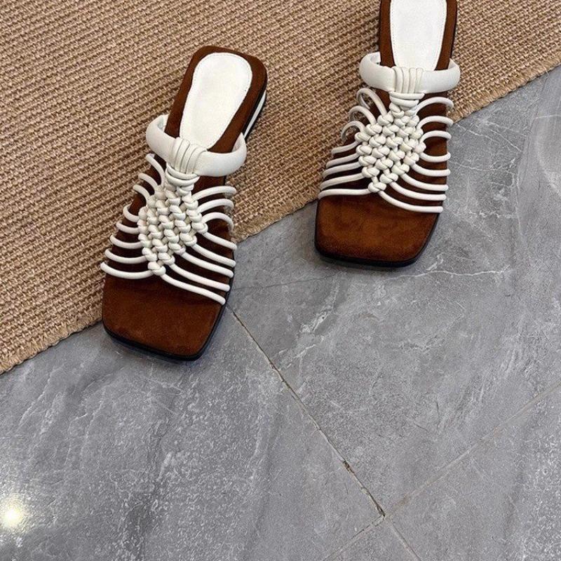Woven Thin Strap Slippers Summer New Square Toe Open Toe Cutout Breathable Non-slip Wear-resistant Low Heel Shoes