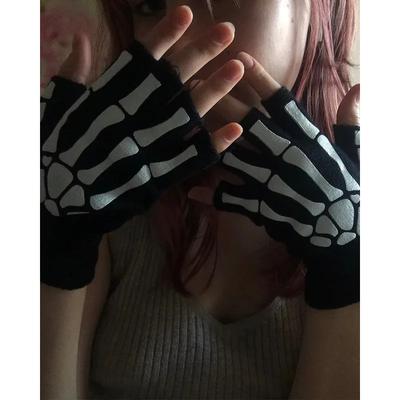 Punk Eldivenler Unisex Cadılar Bayramı İskelet Kurukafa Yarım Parmak Eldivenler Karanlıkta Parlayan Parmaksız Esnek Örgü Kış Eldivenleri