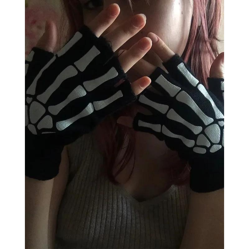 Punk Gloves Unisex Halloween Skeleton Skull Half Finger Gloves Glow In The Dark Fingerless Stretch Knitted Winter Mittens