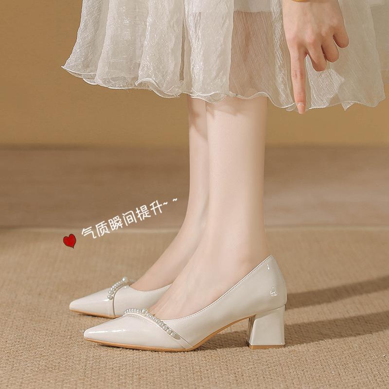 New Spring and Summer Shallow Mouth Pointed High Heels Temperament Pearl Bride Shoes Work Commuter Thick Heels