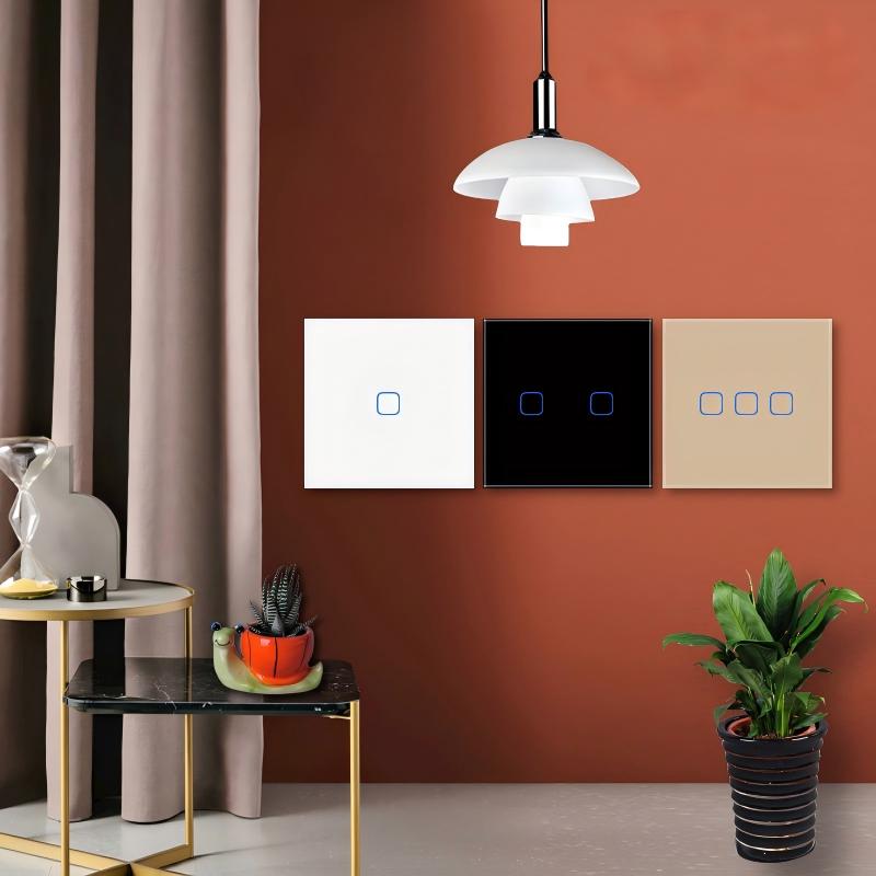 Berührungslichtschalter ohne Neutralleiter 1/2/3-fach Einzel-Außenleiter Panel aus gehärtetem Glas Wandschalter Haus & Hotel | /ODM-Fabrik