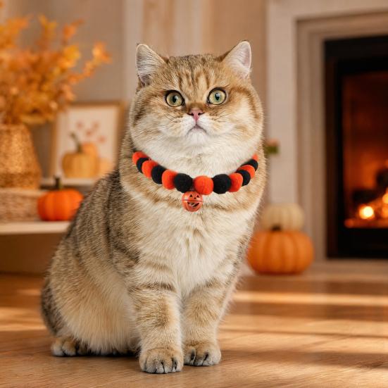 Small Dog Collar for Halloween Pom-Pom Pet Collar, Cute Stretch Cat with Pumpkin Stretchy Bell, Soft Black Orange Pom-Poms Cats Dogs