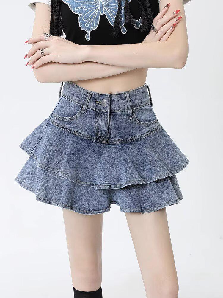 Spicy Girl High-Waisted A-Line Denim Ruffle Skirt Small синий