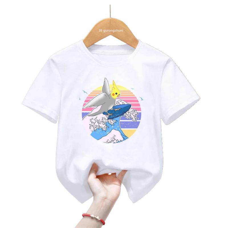 Sommar Tecknad Cockatiel Fågel Tryck T-shirt För Flickor/Pojkar Rolig Papegojfågel Barnkläder Kortärmad T-shirt