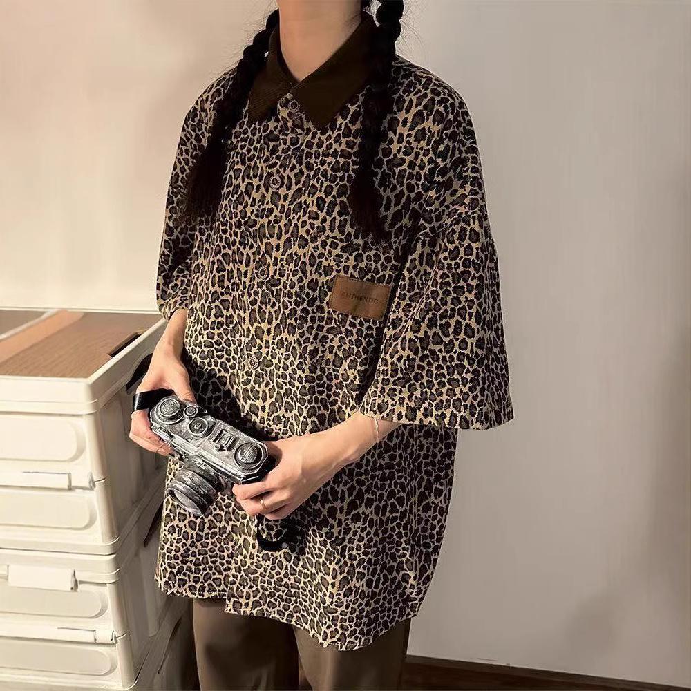 American Retro Vintage Leopard Print Polo, Three-Quarter Sleeve Shirt - Hip-Hop Summer Trend, Stylish Streetwear.