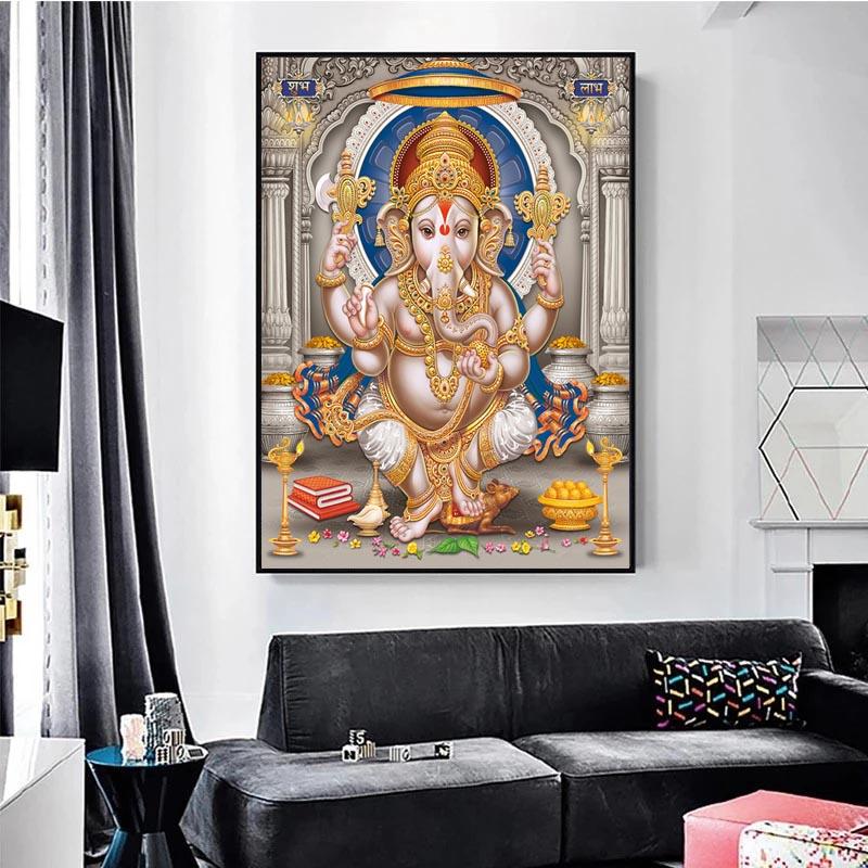 Indian Elephant God Paints Gold Ganesha Temple Poster On Canvas Modern