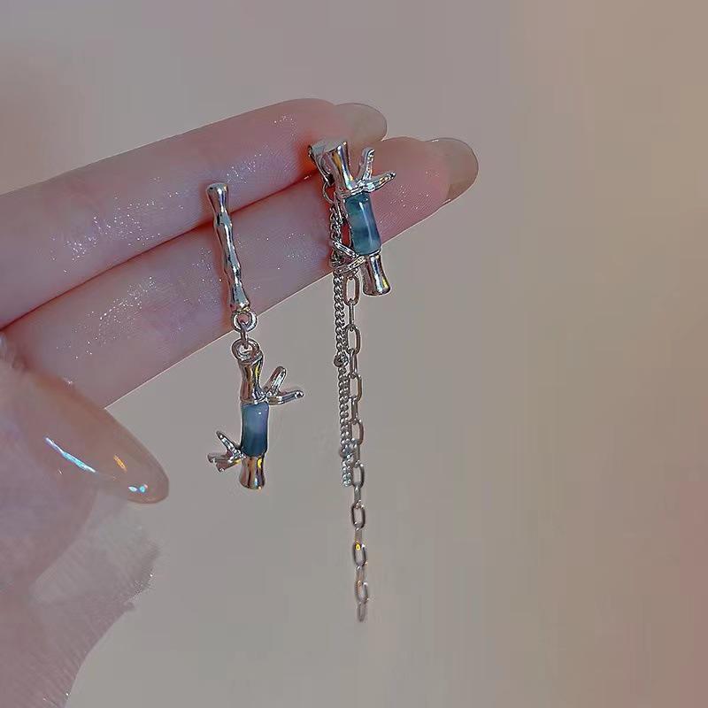 S925 Sterling Silver Bamboo Asymmetrical Earrings - Elegant Ink Wash Design for Versatile Style