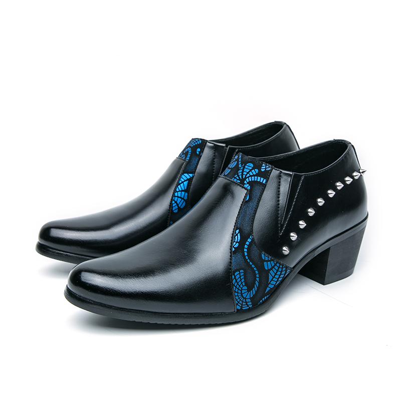 Fashion Black Leather Business Dress High Heel Men's Shoes Pointed Toe Slip-on Rivets Elegant Party Wedding Shoes Thick Bottom Plus Size
