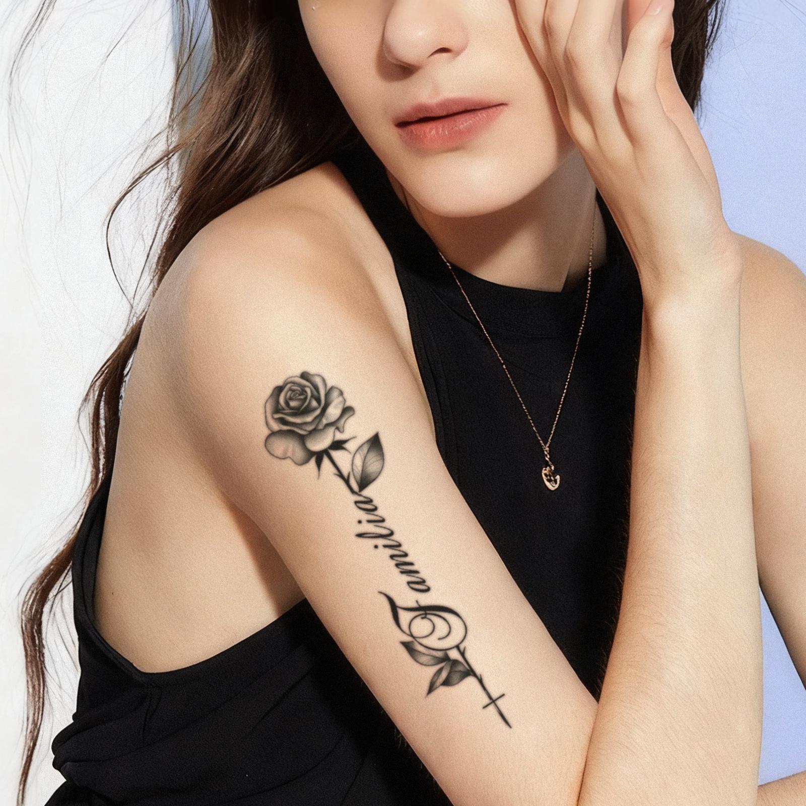Glow Makeup Unisex Realistic Rose + Name Tattoo Sticker, Waterproof And Long-Lasting, Girls' Big Arm Personalized Tattoo