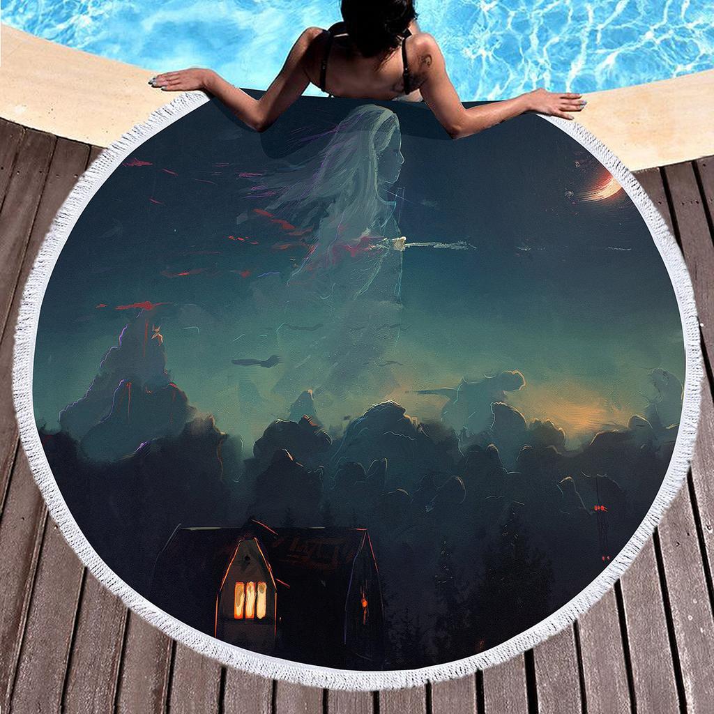Oil Painting Round Beach Towel,Night Sky Star Moon Print Sand Resistant Beach Blanket,Absorbent Quick Dry Pool Towel Picnic Mat