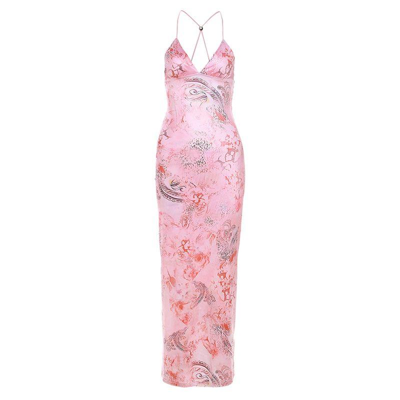 

# Sisjuly# Modified Chinese Style Retro National Trend Printed Sexy Deep V Neck Backless Slim Fit Halterneck Dress Female Pink L