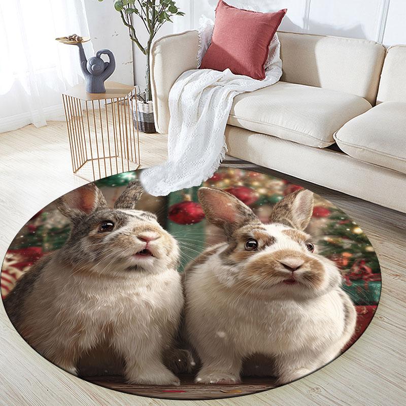 Two Rabbits pattern round rug,Carpet Rug for Living Room Bedroom Playroom ,Non-slip Floor Mat,Holiday Gifts and Birthday Gifts.