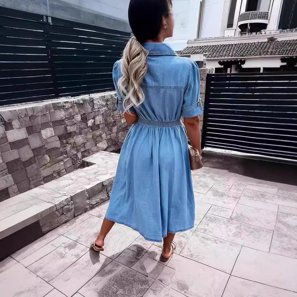 European & American Style Women's Solid Color Lapel Slim Fit Denim Swing Dress