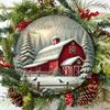 Winter Red Barn Snow Scene Round Iron Sign for Home Decor 20cm 8 Inch Wall Art Gift